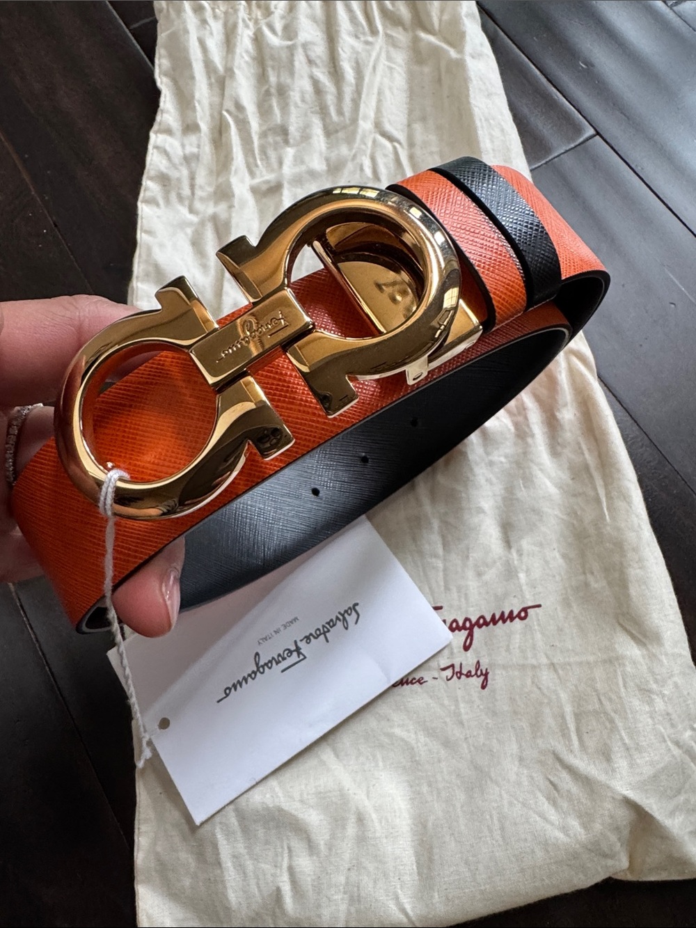 New Salvatore Ferragamo Reversible Gancini Belt Orange Black Gold Buckle